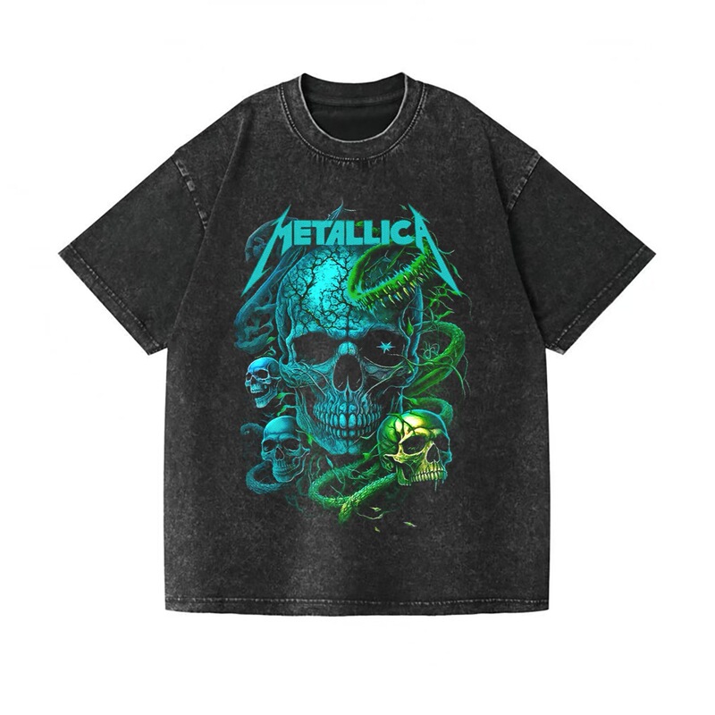 Metallica Rock Metal Band Vintage Printed Washed Short-Sleeved Custom Street Fashion American Retro T-Shirt