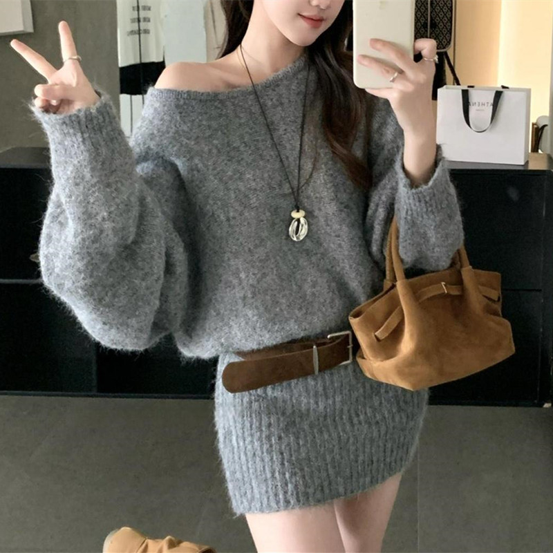 跨境秋冬季内搭打底毛衣包臀裙2025新款穿搭一字肩长袖连衣裙子女