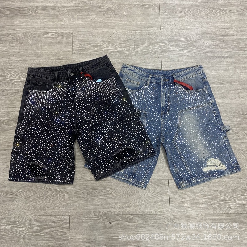 Marca de moda para hombres y mujeres 2025 nuevo verano nuevo estilo pantalones cortos de mezclilla de diamantes calientes rotos pantalones cortos retro de calle de todo fósforo rectos