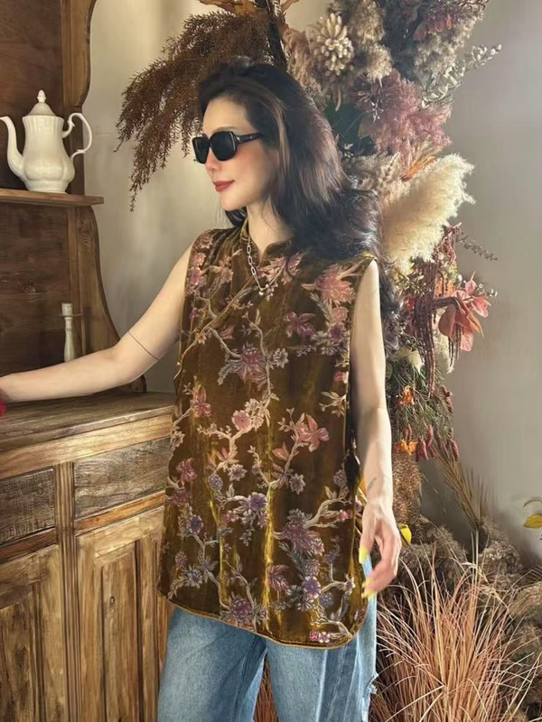 新中式国风女装国潮花朵烧花丝绒上衣夏轻奢设计奥黛旗袍|undefined