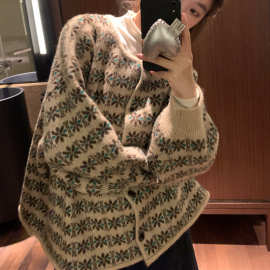 拼色花朵复古提花圆领开衫毛衣女2025秋冬新款小个子宽松外穿外套
