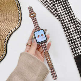 适用苹果apple watch表带爆款千鸟格帆布iWatch8se ultra表带