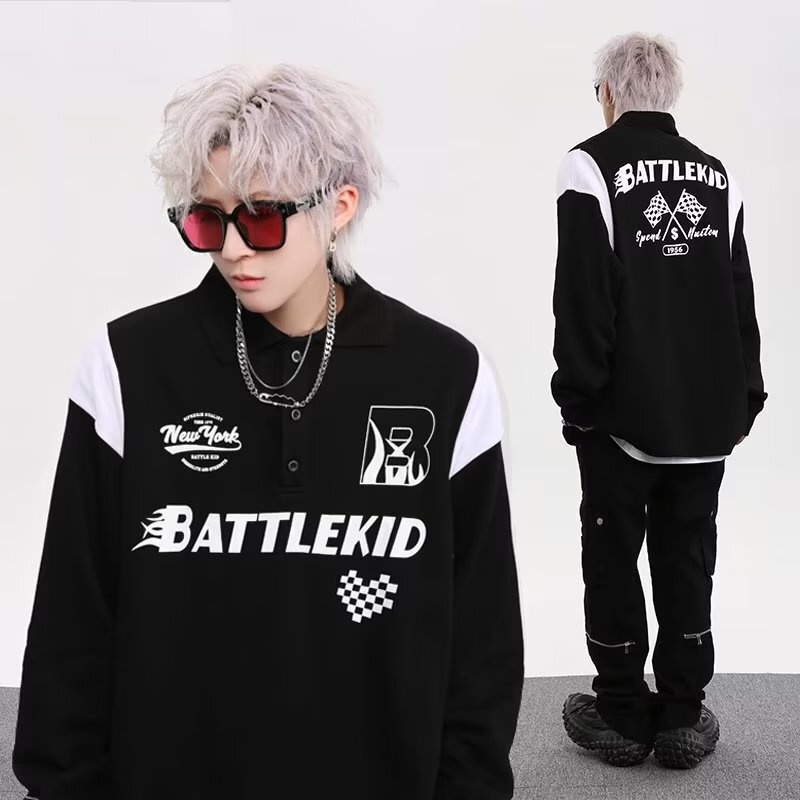Chinese Trendy Brand American Retro Racing Suit Polo Shirt Jacket Men's Lapel Oversize Hip-Hop Couple Long-Sleeved Top