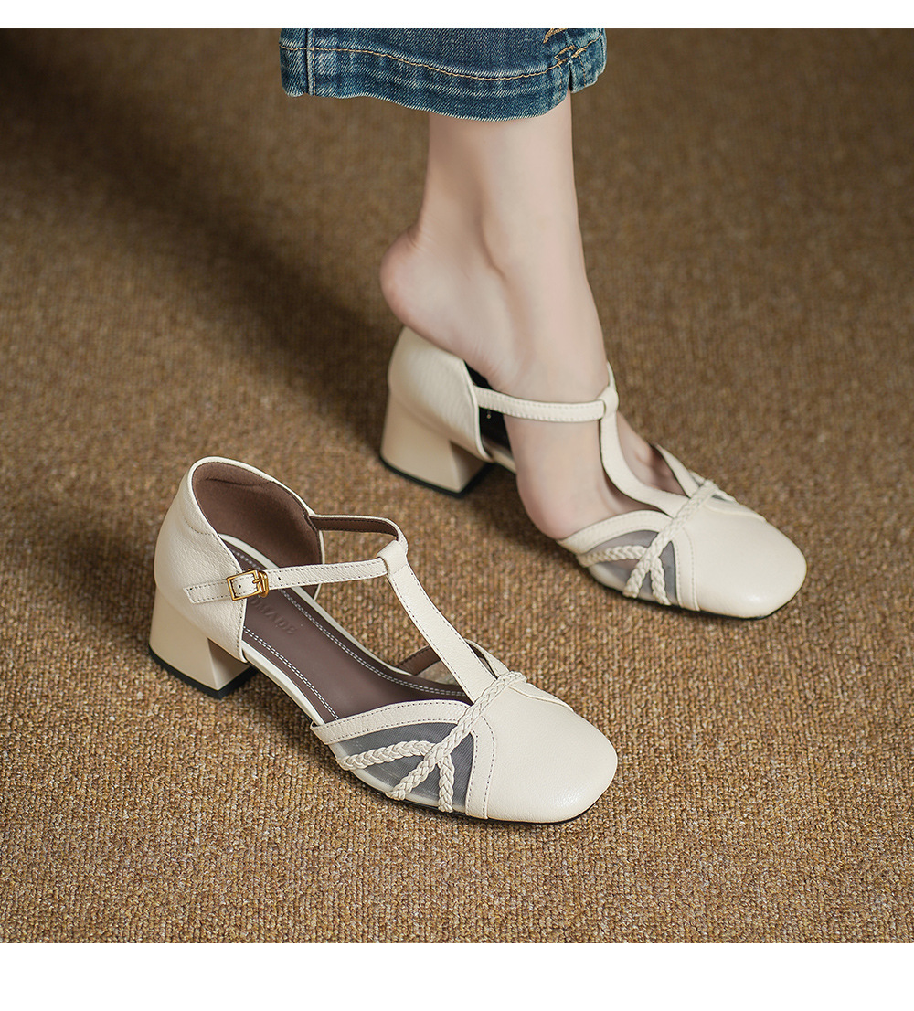Giày sandal cao gót nữ hở mũi da cừu lưới gót vuông quai chữ T — đen chi tiết 4