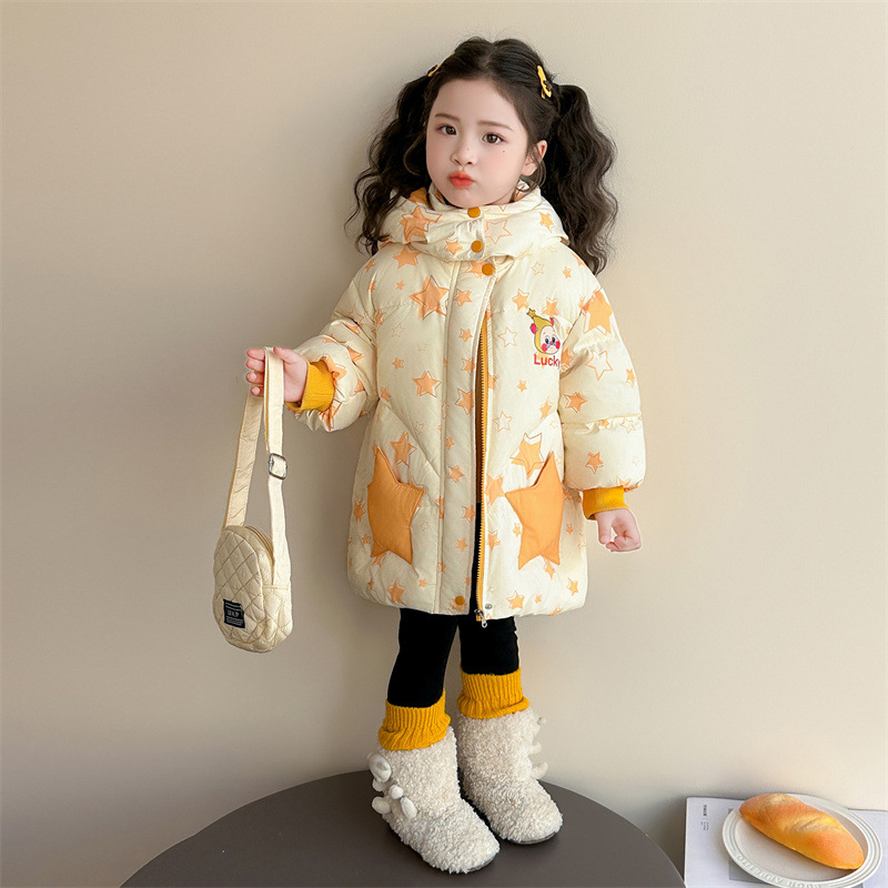 Chaqueta de plumón de niñas invierno 2025 nueva princesa bebé de caricatura ropa de invierno mediana y larga para niños chaqueta de camisa blanca