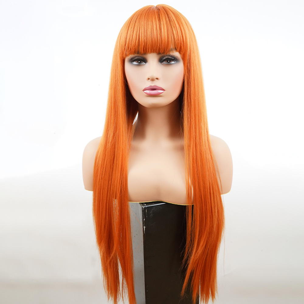 Factory wholesale chemical fiber wig long straight hair headgear 26 inches high temperature wire machine-made rose mesh orange wig_voghion.com