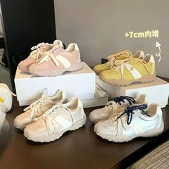 牛皮版葡萄妈7cm内增高休闲运动鞋女隐形拉腿拼接圆头系带德训鞋