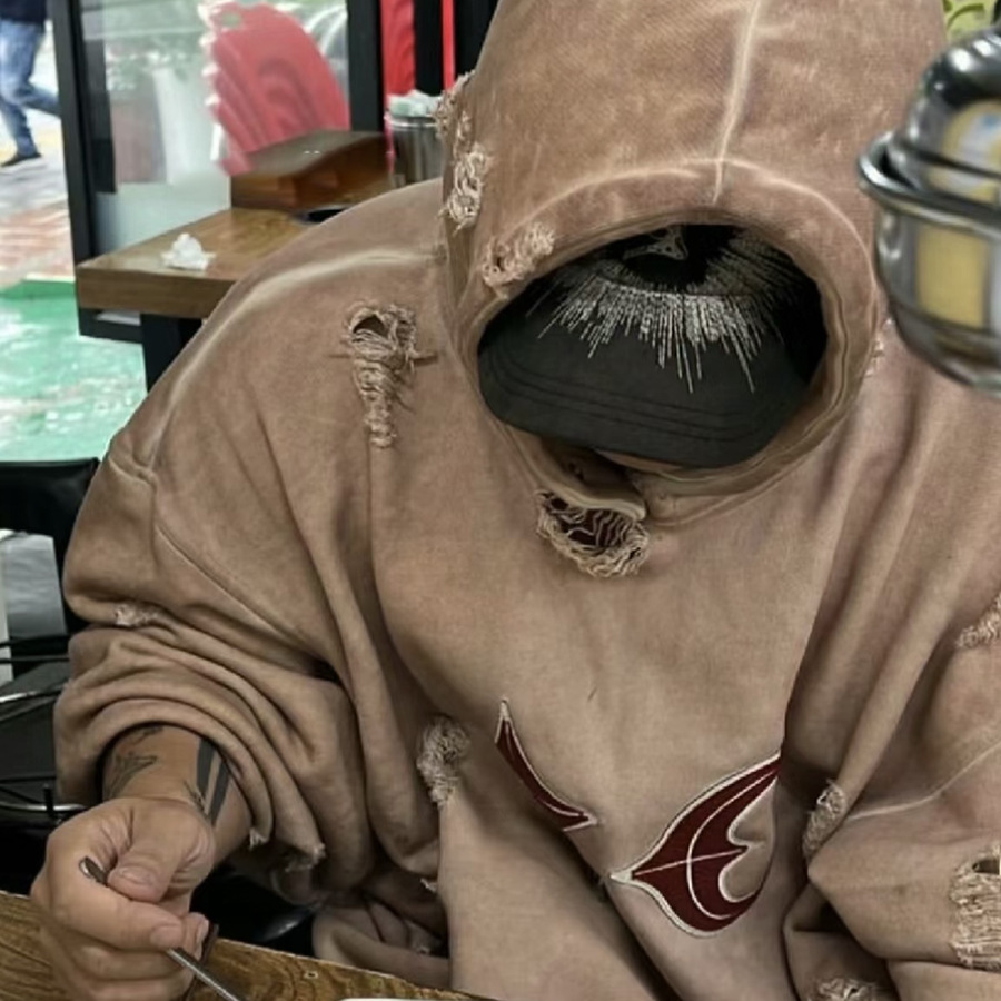 Desmontado Thug Club pu Jai fan mismo estilo pesado dañado lavado de cuero bordado hombres suéter con capucha moda