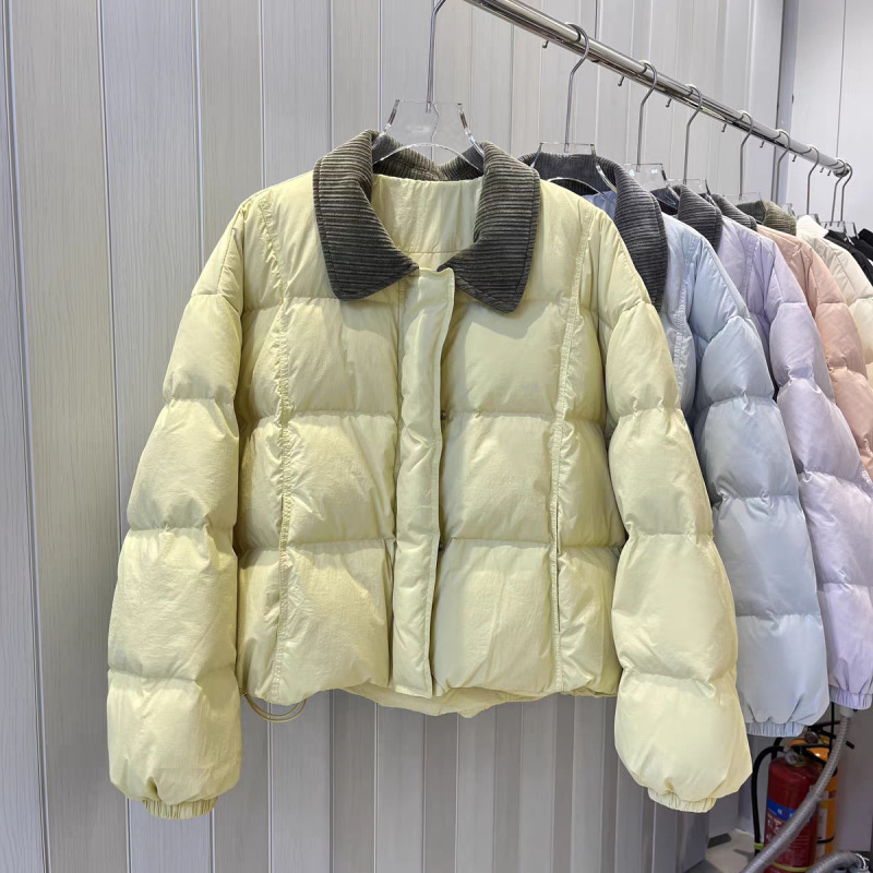 Down Jacket Short Korean Corduroy Lapel 2025 Autumn and Winter New Style Small Loose Preppy Style Jacket for Women