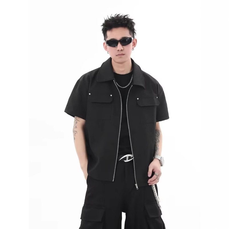 韩系潮牌美式肌理感短袖衬衫男夏季小众高级感痞帅新款拉链衬衣潮