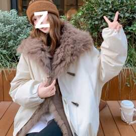韩系大毛领派克羽绒服女米白色中长款白鸭绒外套感图片色扎染