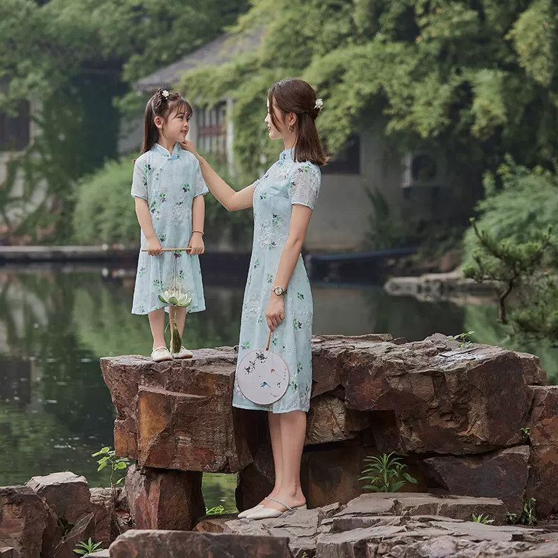 亲子装母女装夏装2023新款古装学生装旗袍亲子汉服连衣裙a字短袖
