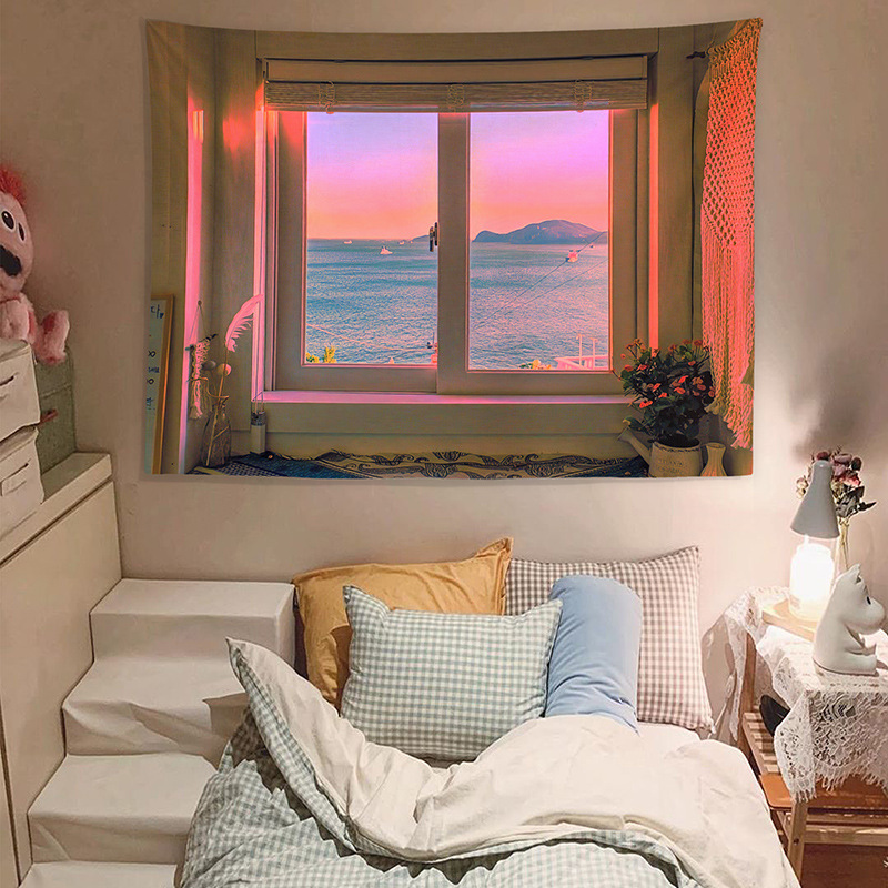 Sea View Sunset Background Cloth Net Red Bedroom Wall Cloth Rental Transformation Dormitory Decoration Hanging Cloth Large Tapestry