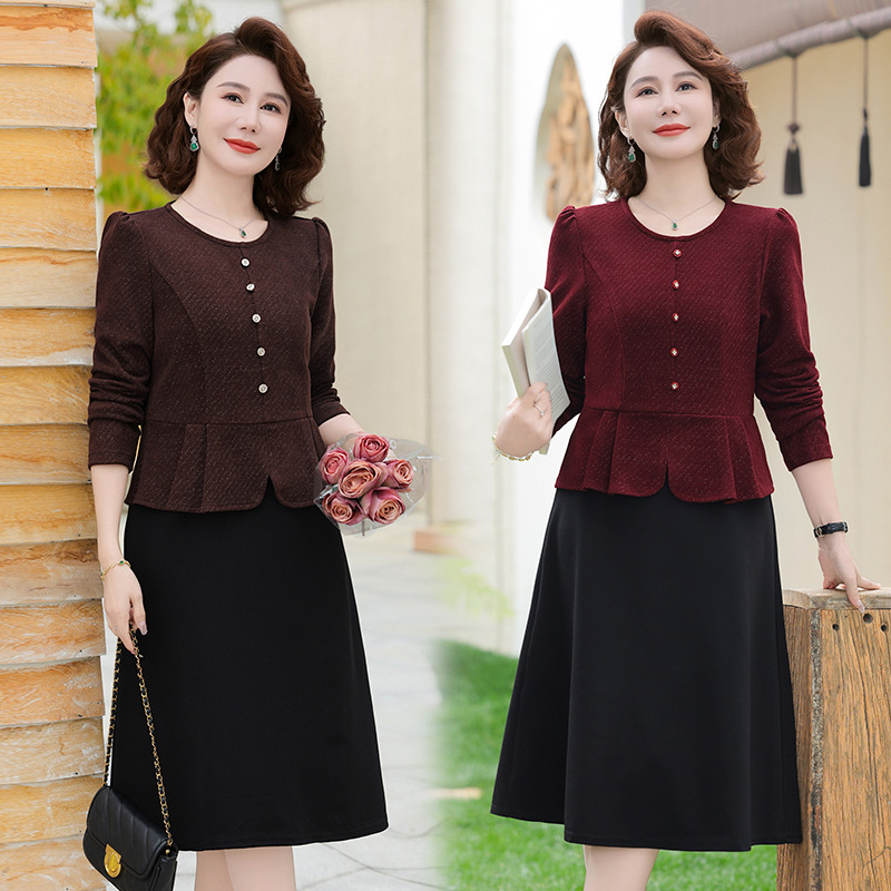 妈妈秋装假两件连衣裙洋气高贵中老年女春秋中长款小香风长袖裙子