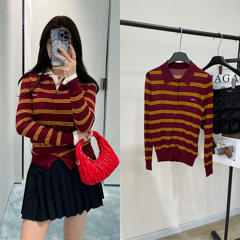 2025 Early Spring Burgundy and Yellow Stripesd Small Label Polo Knitted Cardigan Slim Slim Cashmere Fashion Women's Top