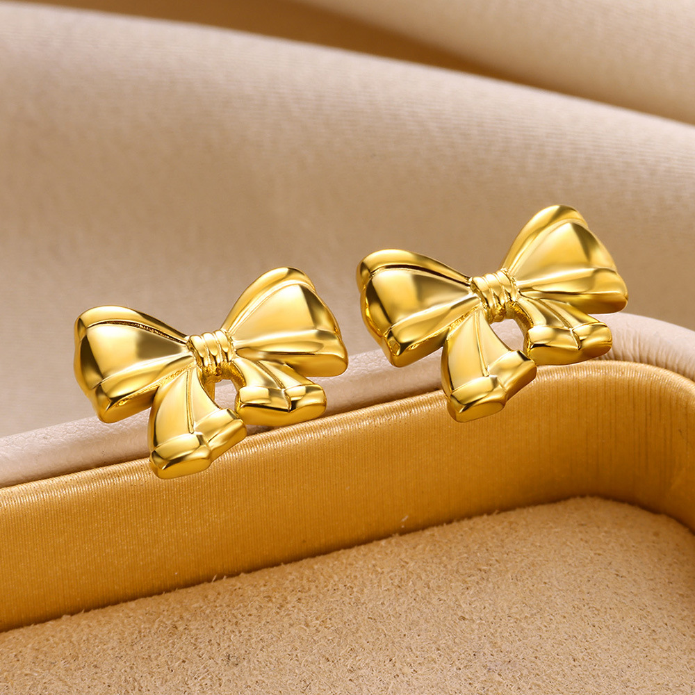 304 Stainless Steel Material Bow Knot Pattern Women's Gender PVD Coated Real Gold Plated Bow Knot 304 Stainless Steel Simple Style Classic Style Waterproof Non Tarnish Ear Studs