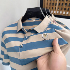夏の新型半袖折り襟tシャツ薄手男性ねじ襟半袖お父さん服tシャツゆるい縞POLO
