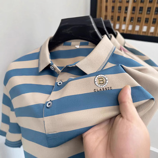 Summer New Short-sleeved Lap T-shirt Thin Men's Threaded Collar Half-sleeved Dad's T-shirt Loose Striped POLO