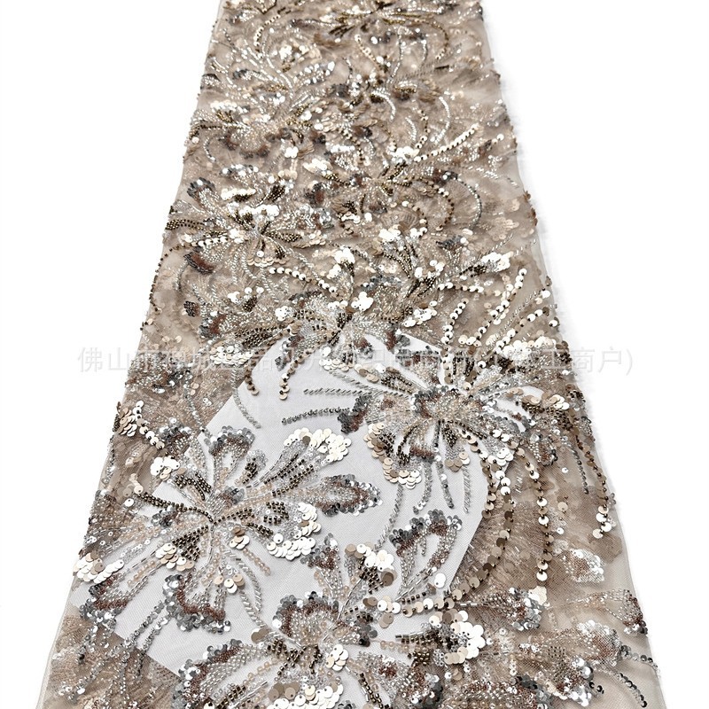 Nuevo fresco clavos de cuentas sequinilla tela de malla bordada floral de color brindis de novia vestido de noche tela image 6