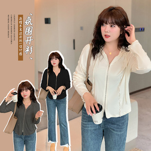 W1080 Xuanchen Plus Size Fat mm Spring New Women's Casual Work Clothing Top Fungus Hooded Cardigan Jacket