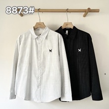 tianshu天鼠衬衫男长袖条纹 新款猫咪刺绣休闲纯棉衬衣青年秋季潮