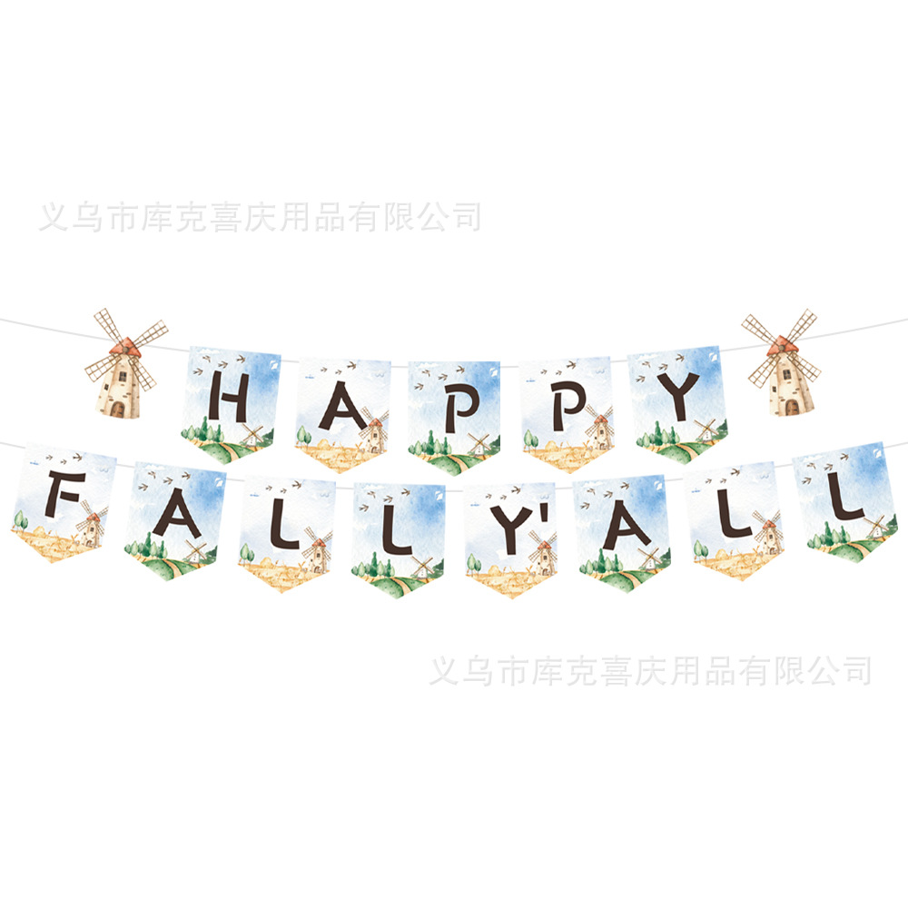 Nuevo juego de vajilla de fiesta de cosecha de otoño, tema de molino de viento, plato desechable, taza de papel, decoración de bandera