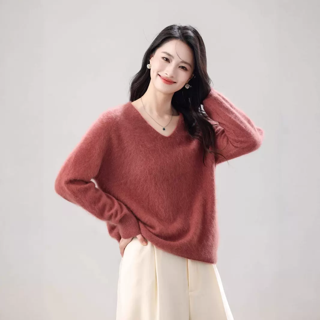 拉绒 25年新 5%山羊绒95%澳洲羊毛 V领无缝拉毛羊绒女 濮院毛衫厂