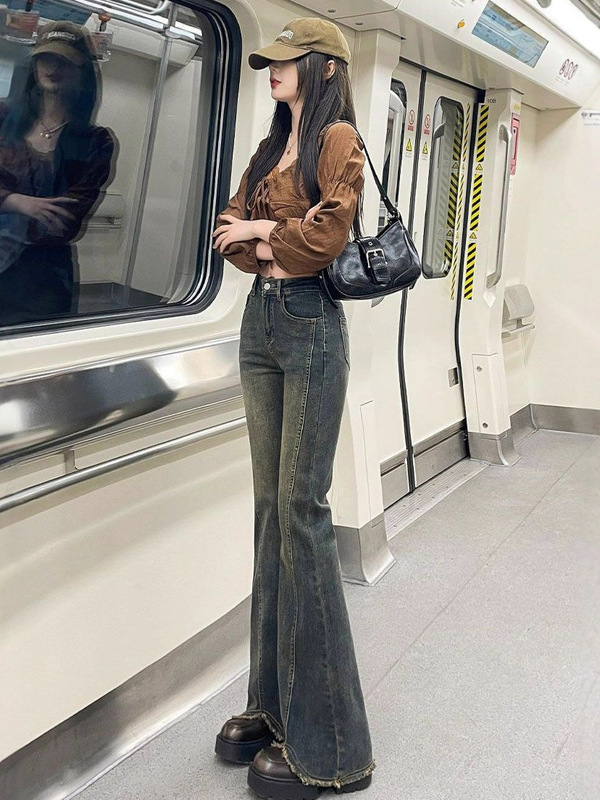 大码做旧毛边微喇叭牛仔裤女春夏季高腰修身胖mm拖地显瘦马蹄长裤|undefined