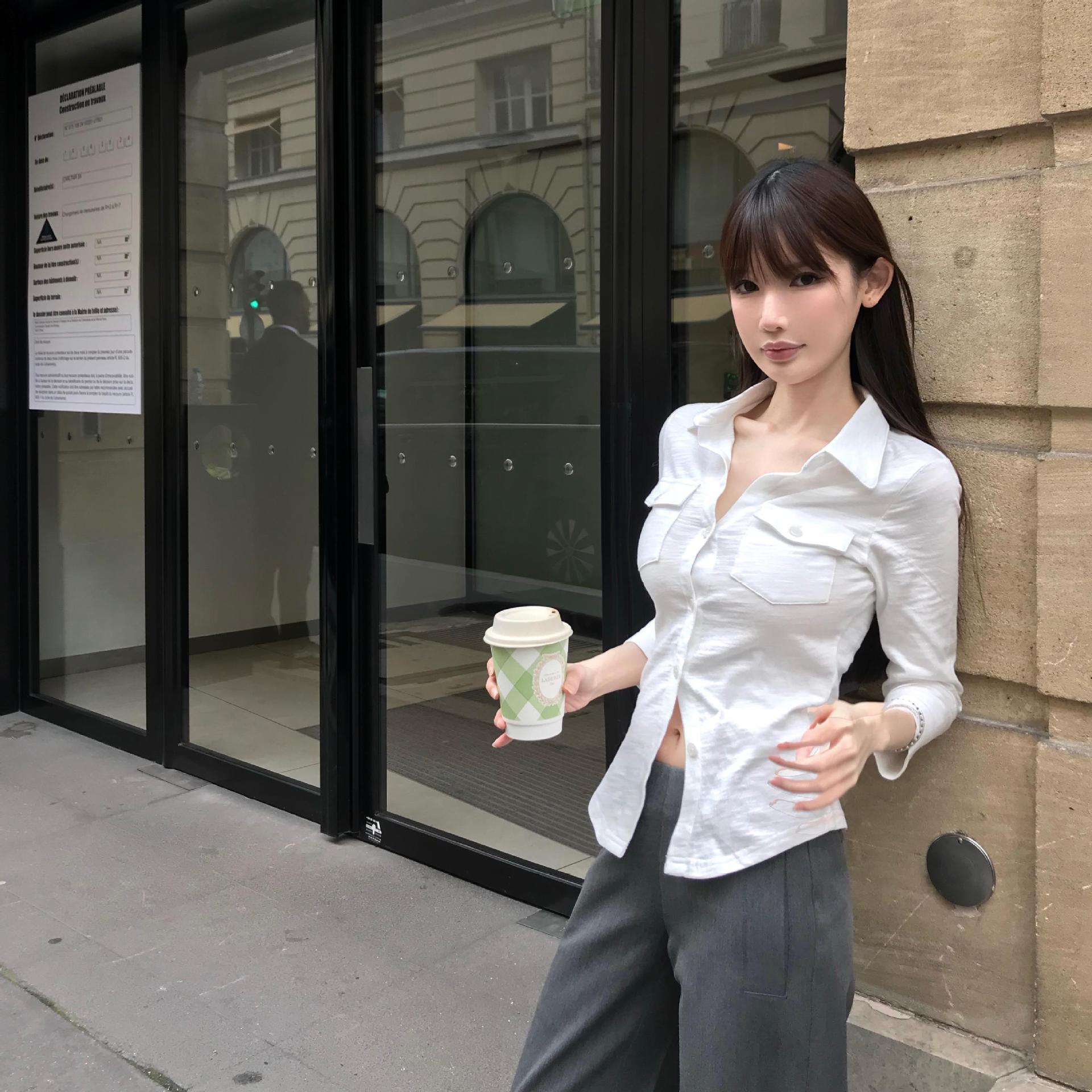 気質純欲風セクシー襟長袖シャツ女子学生春秋修身ウエストシャツ白いカーディガン上着