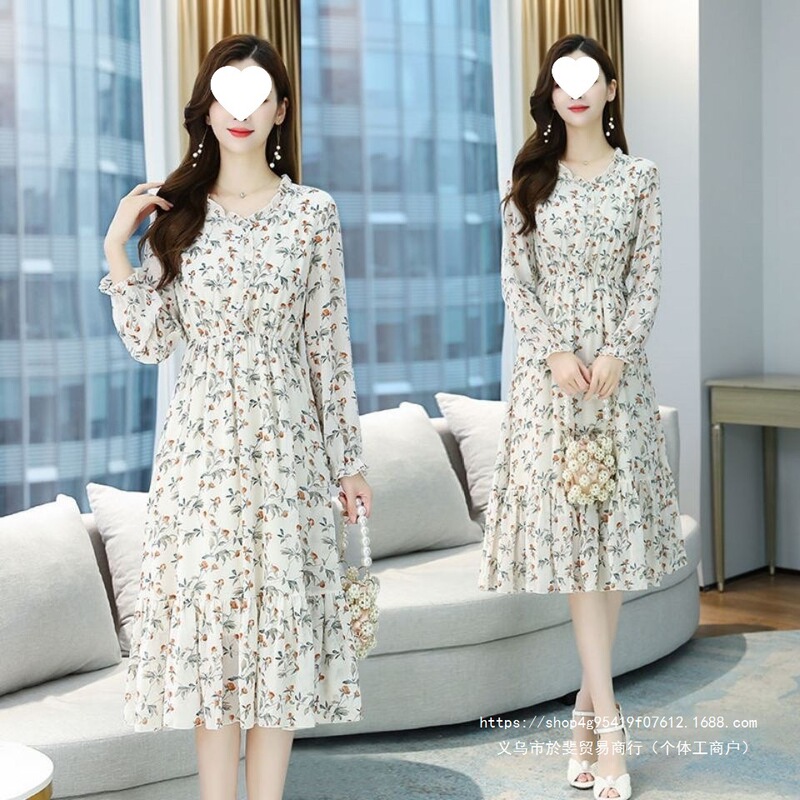 2026 Spring, Summer, Autumn New Korean Style Dress, Elegant Slim Fit, Chiffon Floral Collar, Mid-Length Dress
