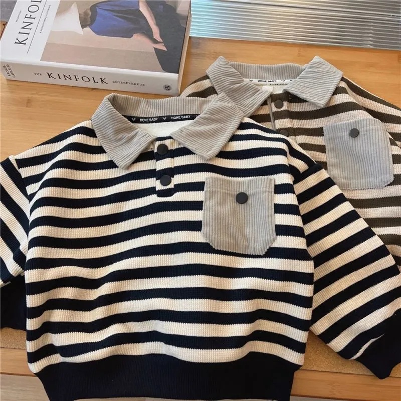 Boys' winter velvet sweatshirt 2023 new baby long-sleeved POLO shirt Korean style striped children's one-piece velvet top