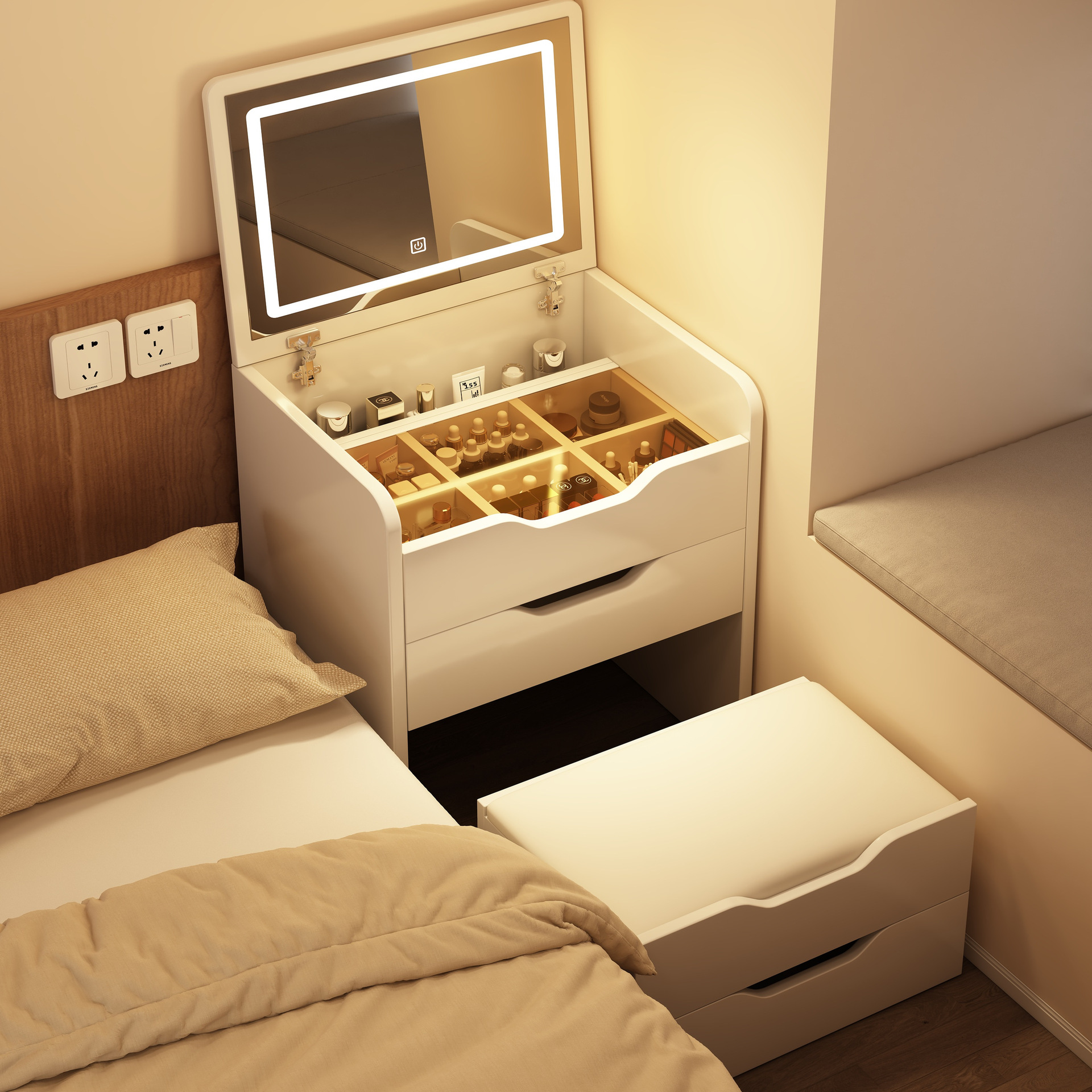 Tablero de vestir con espejo de almacenamiento en una pequeña mesa de maquillaje de dormitorio, mini tablero de cabecera de cama de hendidura estrecha.