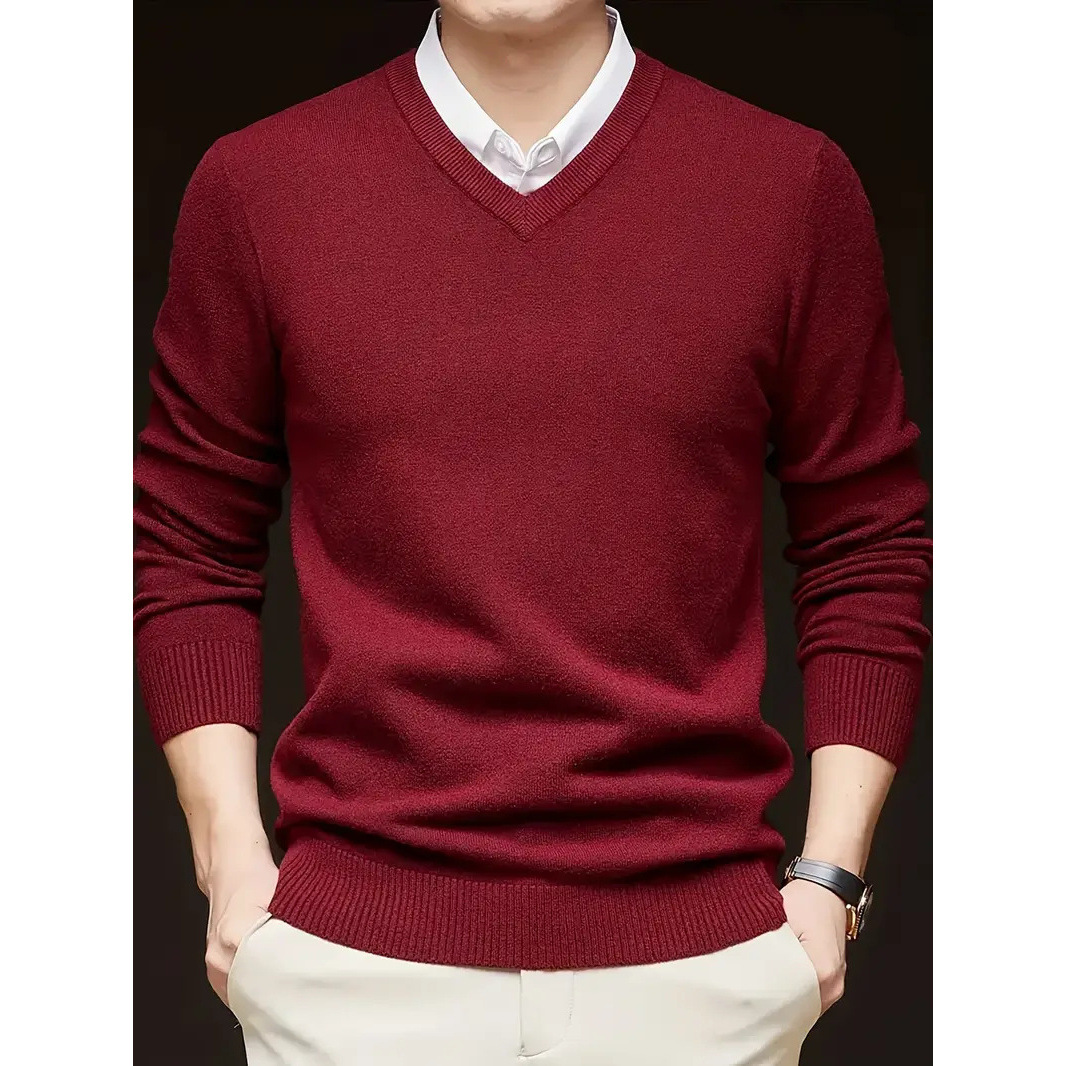 Spring and Autumn Cross-Border Hot-Selling V-Neck Knitwear Men's High-End Slim Core-Spun Yarn Knitwear Long-Sleeved Pure Color Bottoming Shirt