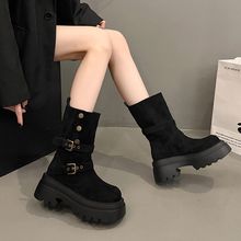 厚底马丁靴女2025新款春秋百搭英伦风皮带扣短靴小个子增高骑士靴