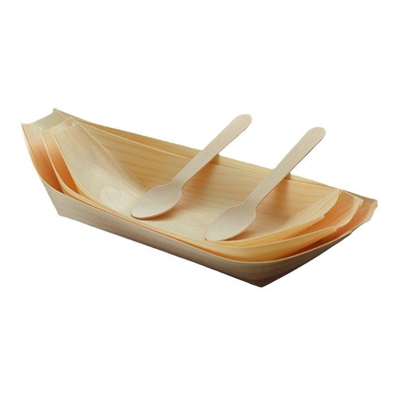 Barco de cuero de madera desechable barco de sushi caja de embalaje bocadillos inventario de cocina de corazón sashimi barco de madera plato de comida creativa del Hotel image 6