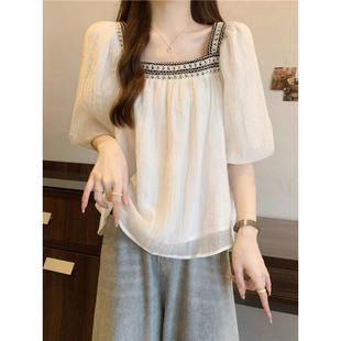 Fat mm Summer Gentle Style Square Neck Baby Shirt Covering Belly and Slimming Look Top Large Size French Puff Sleeve Chiffon Shirt for Women