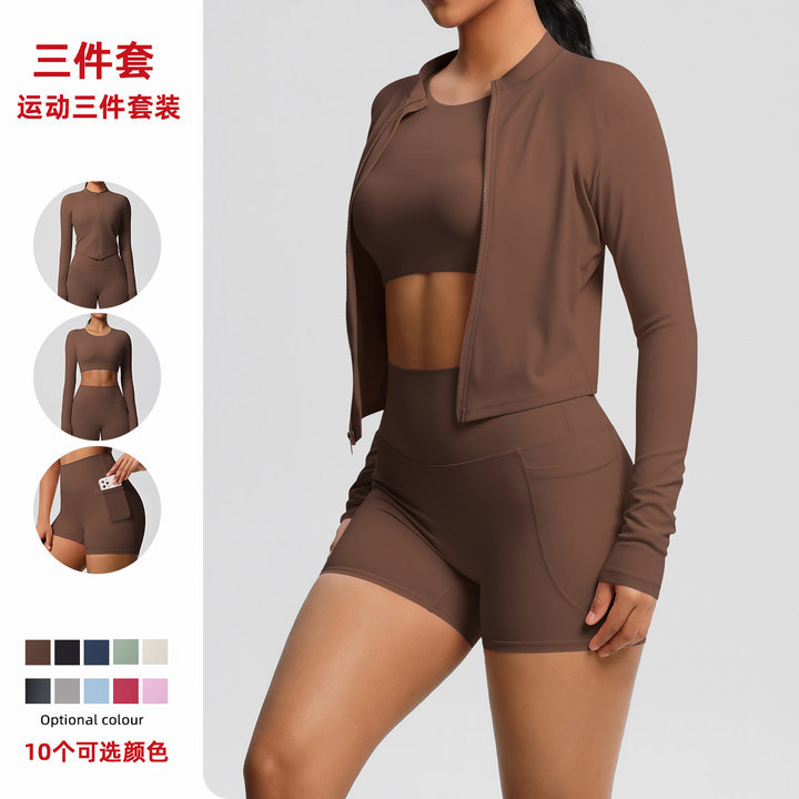 Chaqueta deportiva de manga larga cepillada desnuda europea y americana, pantalones cortos de bolsillo casuales, ropa de yoga de tres piezas