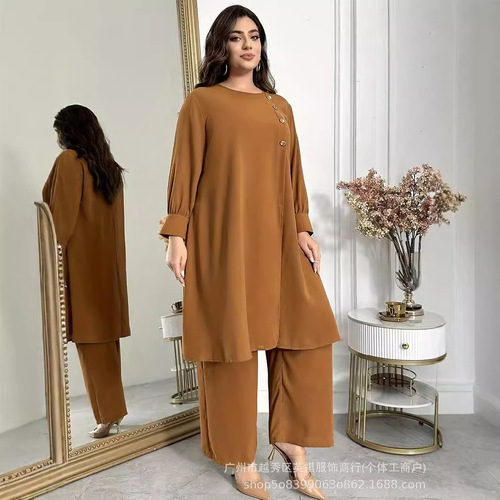 Amazon Middle East Dubai Loose Casual Solid Color Crew Neck Button Long Dress Woman Set Fashion Office Wear