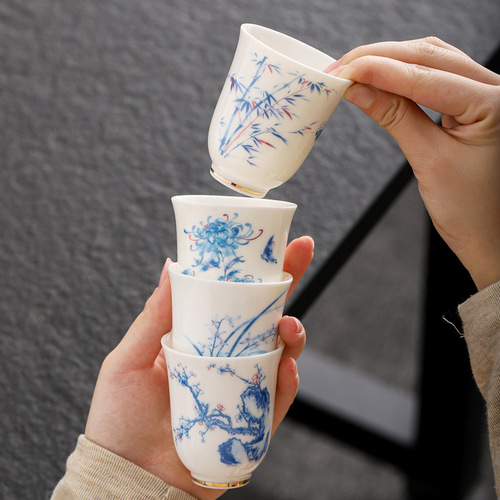 Teacup White Jade Gongfu Tea Cup Plum, Orchid, Bamboo, and Maple Owner Cup Aroma Cup Single Cup Tea Lamp Festival Gift Set