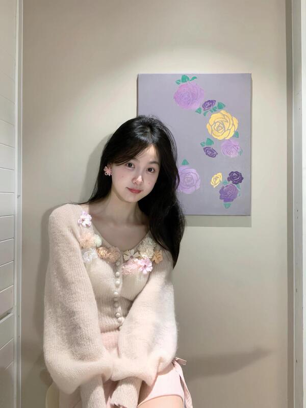 法式甜美温柔手工订花针织开衫女春秋外搭高级感气质绝美毛衣上衣|undefined