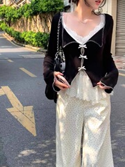 蝴蝶结叠穿长袖针织衫蕾丝吊带背心波点阔腿裤女秋季新款时尚套装