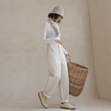 秋冬新品95白鹅绒复古文艺雨露麻半松紧绗缝保暖休闲羽绒裤女