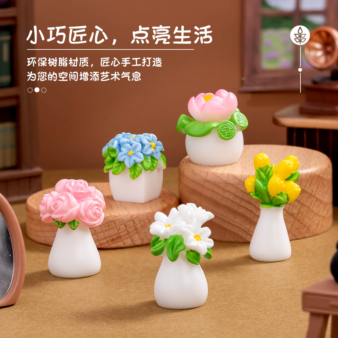 微景观摆件仿真玫瑰花假花盆景花瓶树脂工艺品娃娃屋桌面迷你摆件