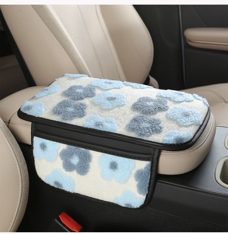 2025 Trendy Winter Lamb Wool Car Armrest Box Mat with Small Flowers in 6 Colors, Sweet Decorative Mat, Storage Bag, Protective Mat