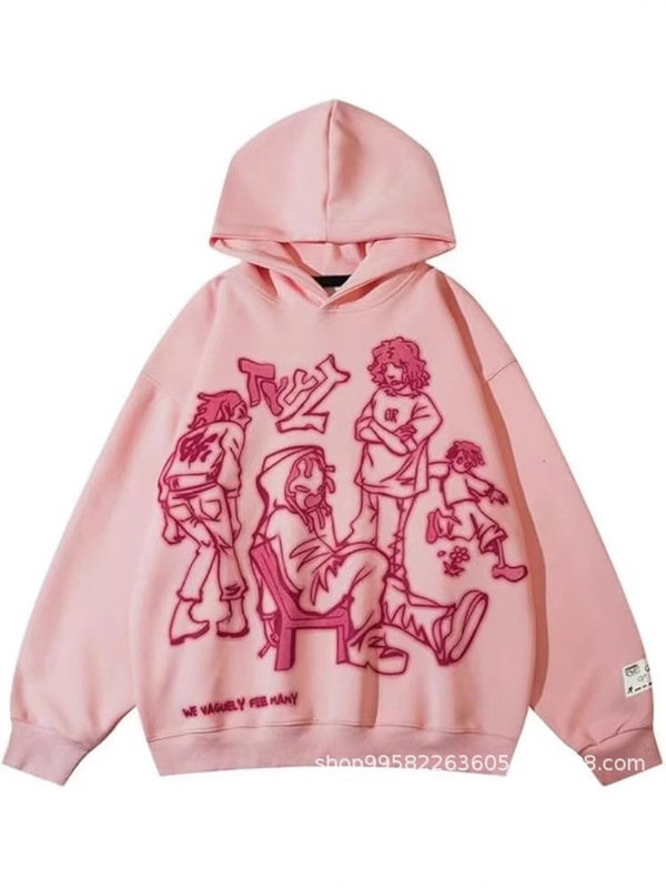 ラインキャラクタープリントフード付きスウェットシャツボーイズハイストリートファッションブランドデザインニッチルーズ秋冬プルオーバーパーカー|undefined