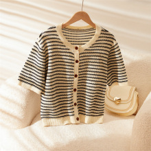 2023春季短袖针织衫女均码V领上衣大朗服装加工针织毛织休闲宽松