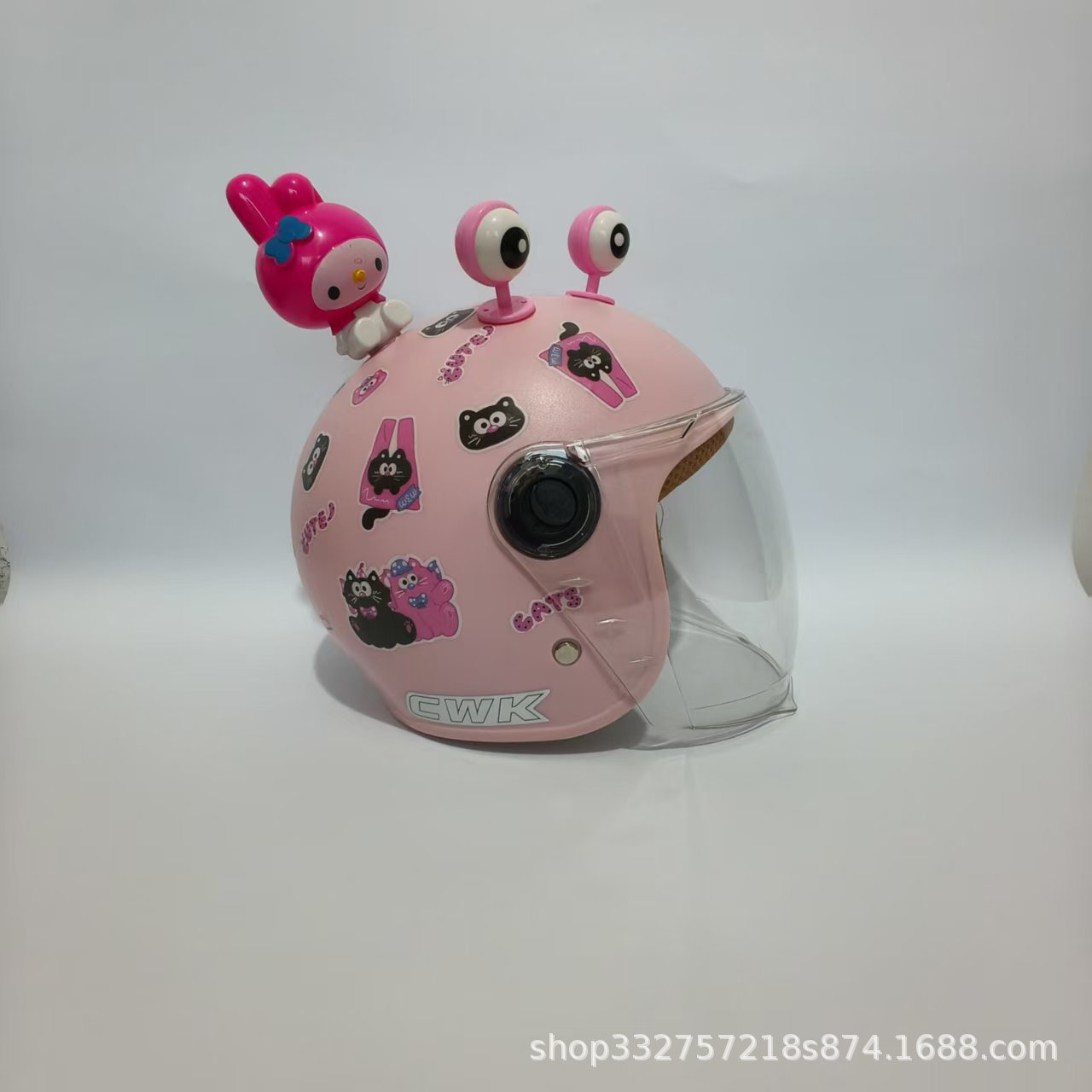 Motuoche 3C Certified 1-6 Year Old Baby Electric Motorcycle Safety Helmet (Motosiklet kaskı (dəbilqə)) - peach-pink-black-pink-cat-transparent-long-visor-pink-eyes-mello-3c-children-1-6-years-old-wl07