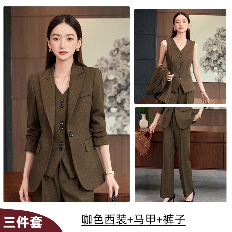 高端咖色毛呢职业西服套装女秋冬2025新款气质通勤正装马甲西服三|undefined