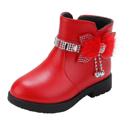 Children's Cotton Boots Princess Fashion Bow Baby Warm Leather Boots  Winter Girls Rhinestone Mid-calf Short Boots