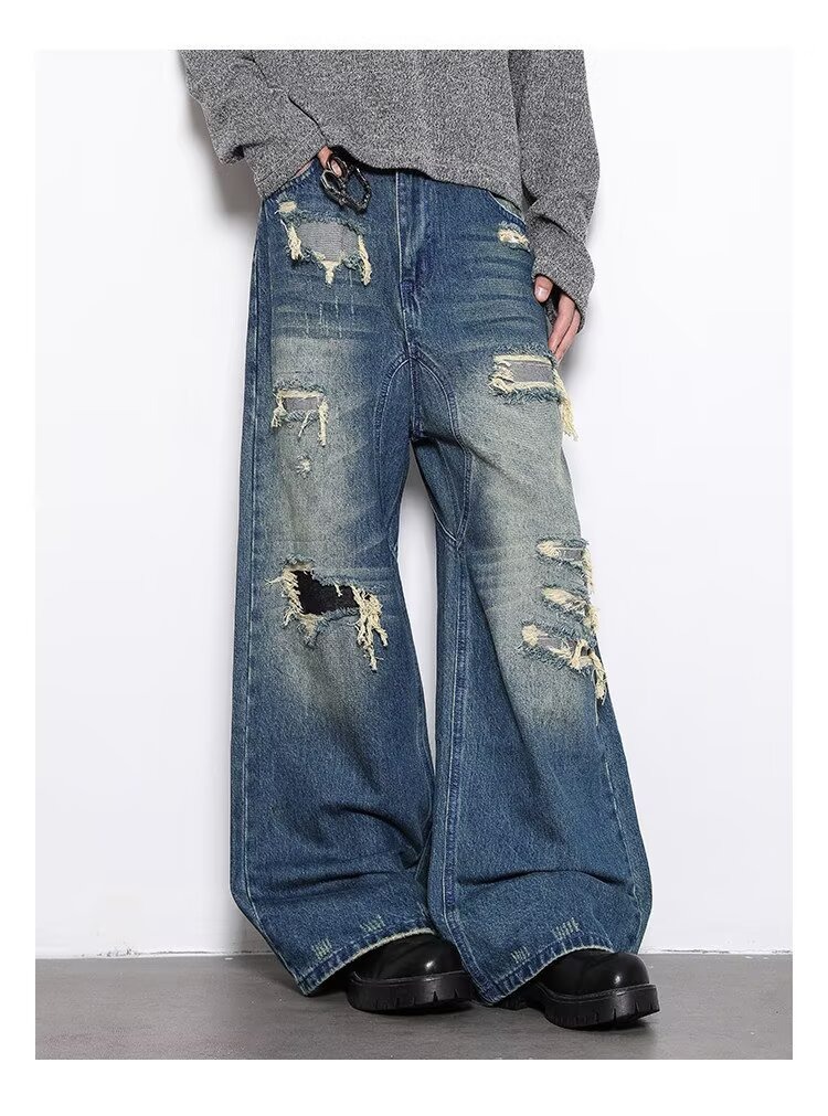 Men's High-End Retro Distressed Ripped Camouflage Patchwork Wide Leg Jeans Loose Fit Floor Length Pants_mkmklike.com